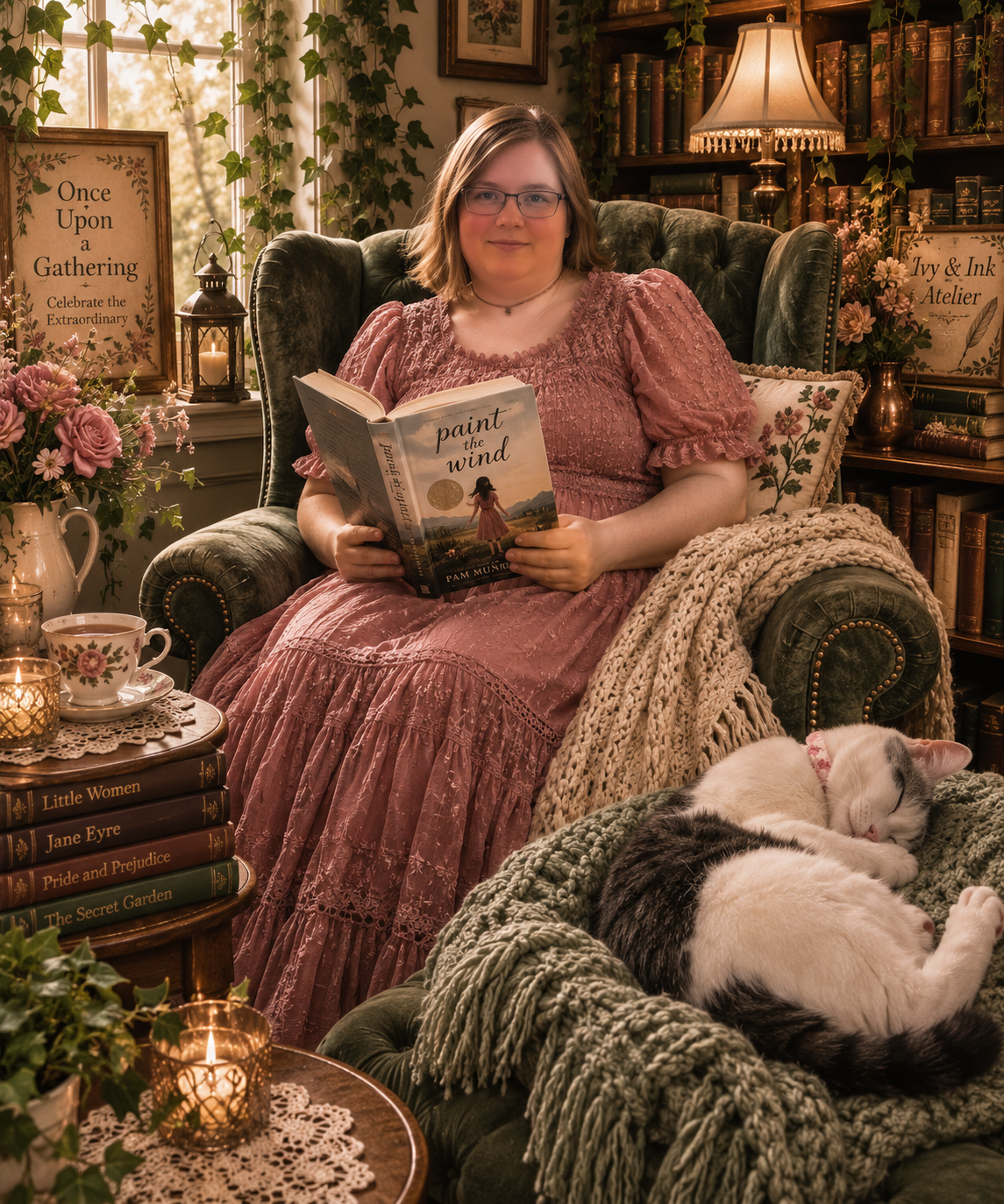 A woman reading in a cozy cottage setting